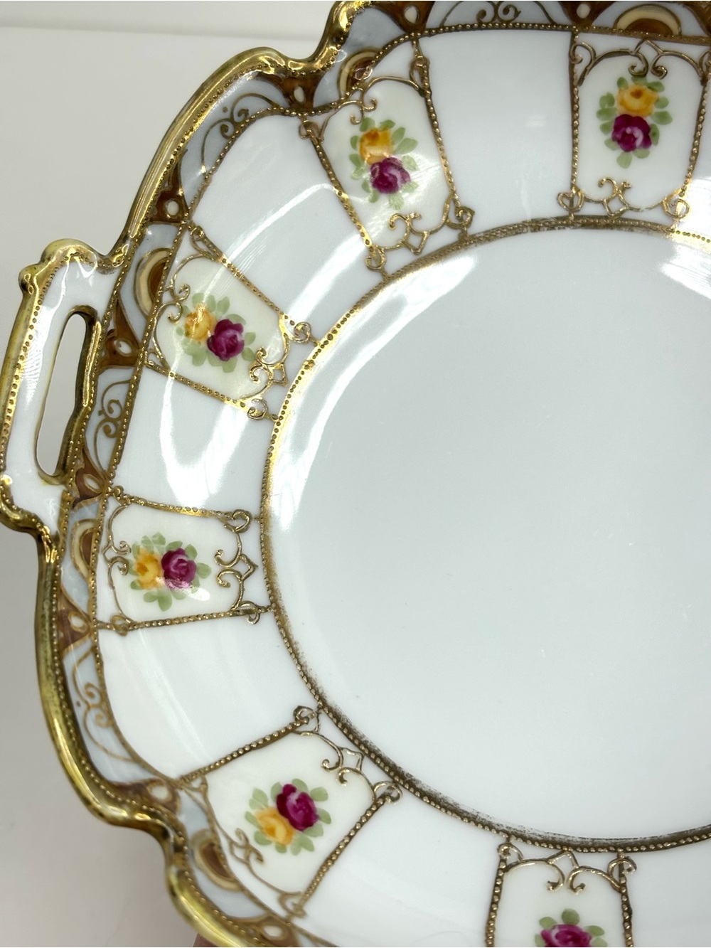 Antique Nippon White Porcelain Candy Serving Dish with‎ Gold Moriage Pink Floral